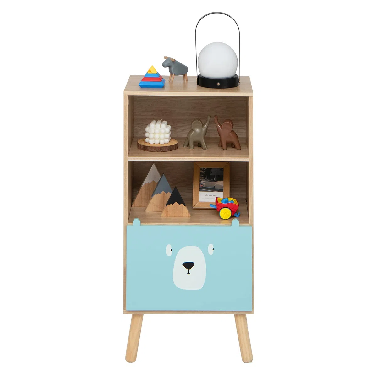 KOMFOTTEU Scaffale per Bambini a 3 Livelli, Scaffale per Bambini con Protezione Antiribaltamento e Motivo a Cartoni Animati, Scaffale per Giocattoli con 2 Scomparti Aperti e 1 Cassetto