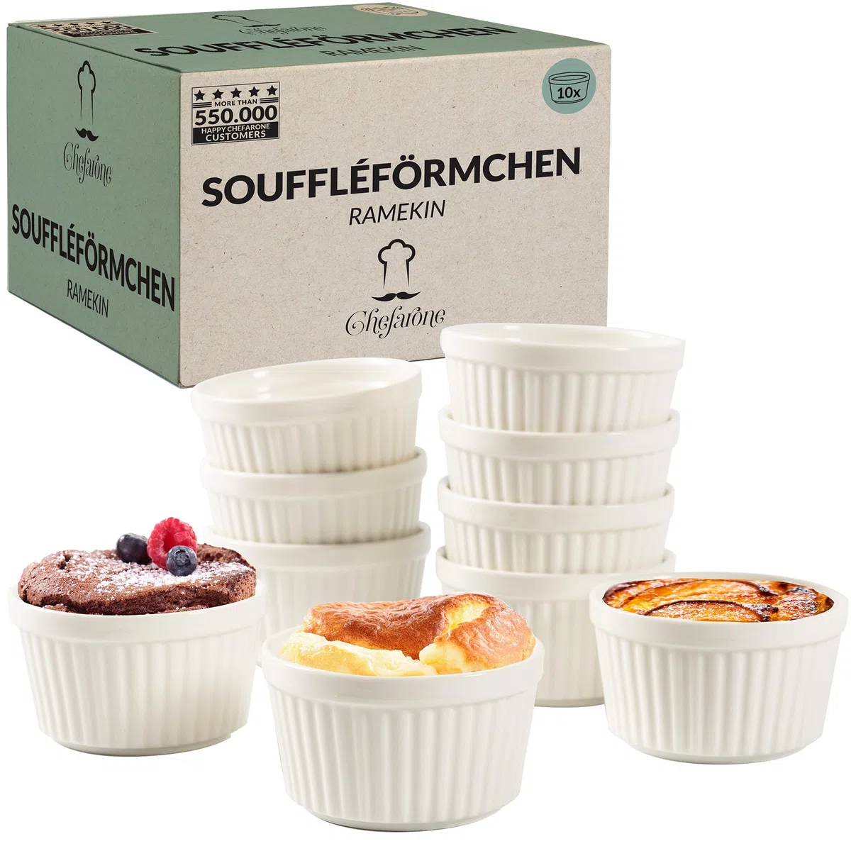 Chefarone Set 10 Stampi Soufflé 170 ml – Pirottini in Ceramica Bianca Riutilizzabili per Crème Brûlée, Dolci e Antipasti – Lavabili in Lavastoviglie, Microonde e Forno