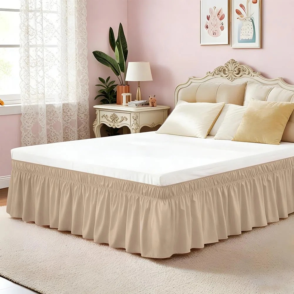 RANJIMA gonna da letto pieghettata, 153 x 203 cm, gonna da letto con balze, gonna da letto avvolgente, altezza 38 cm, volant copriletto con doppio elastico, regalo per donne, sabbia