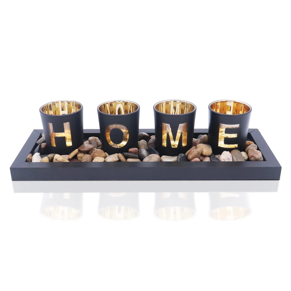 Set portacandele, include 4 bicchieri in vetro, pietre naturali e vassoio in legno per decorazioni da tavola per la casa (Home)