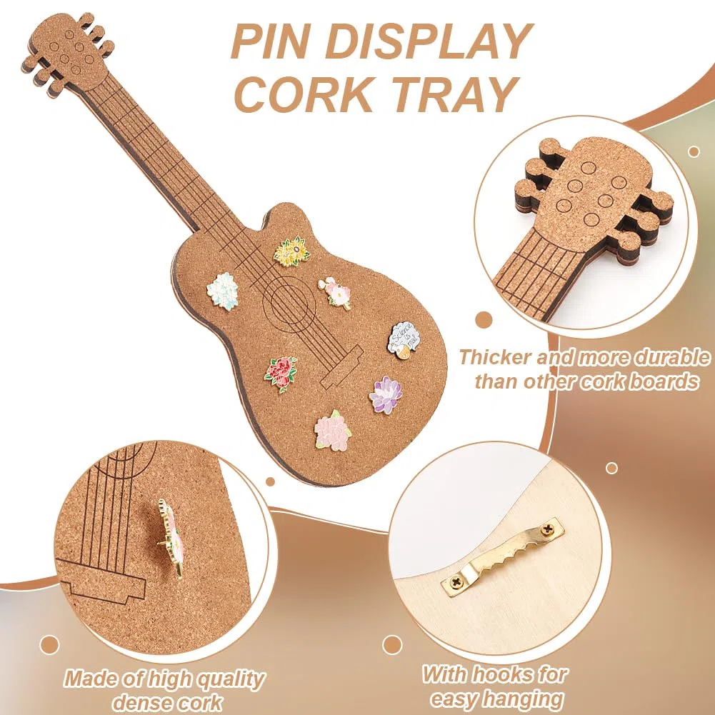 BENECREAT Pannello di Sughero con Spilla per Chitarra, Bacheca Espositiva Da 40x16.7cm, Bacheca In Sughero Montata A Parete per Esposizione di Spille e Spilli, Home Decor