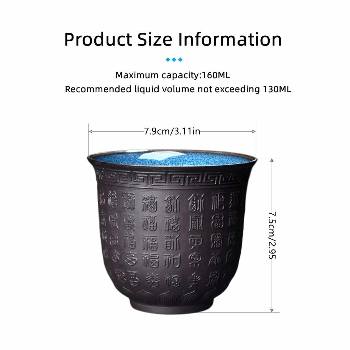Set di 2 Tazza da Tè Giapponesi, Cinese Kung Fu Tazza da Tè Porcellana, Piccole Tazze da Senza Manico in Ceramica Tazze Rilievo in Testo di Buona Fortuna, Nero 160ML