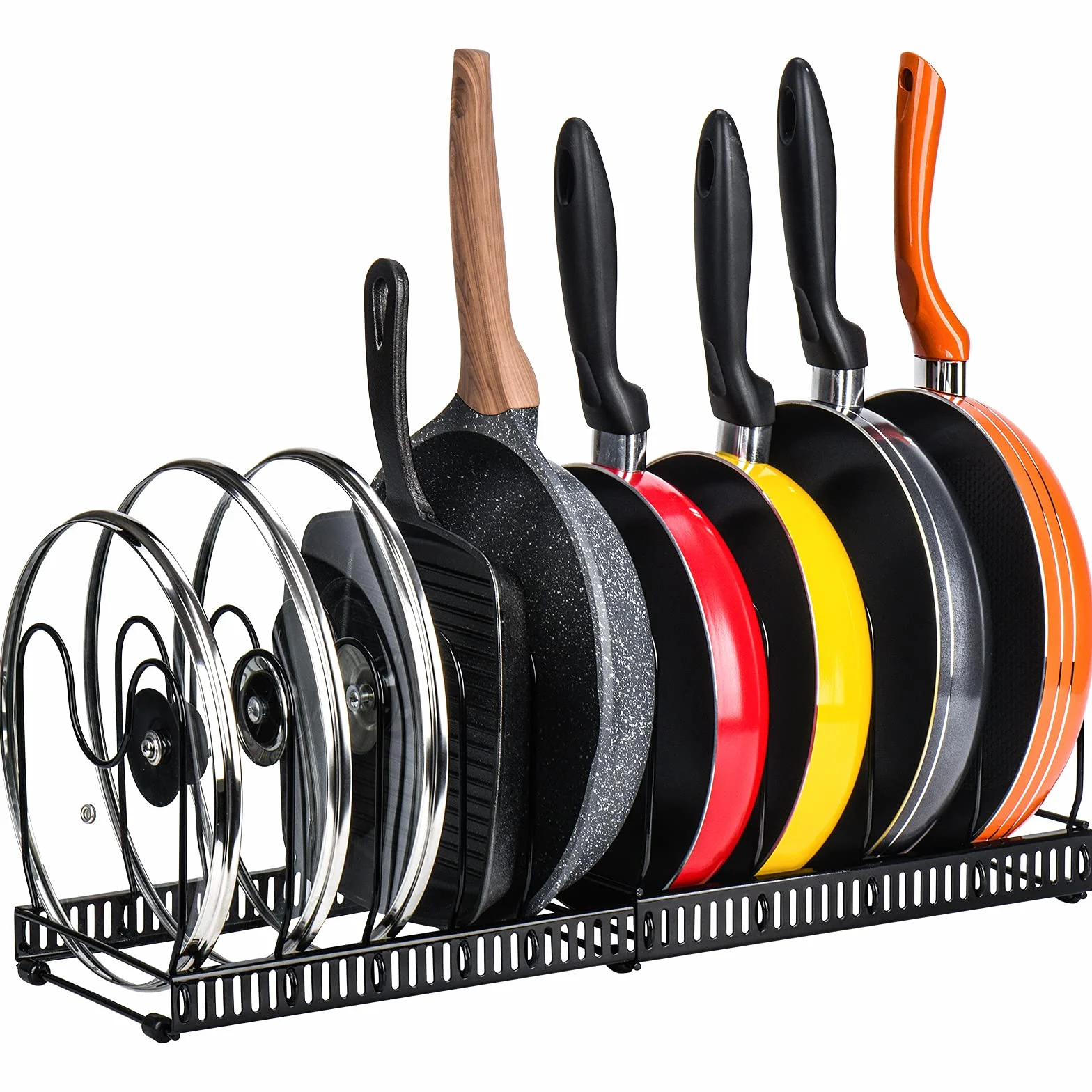 Toplife Porta Padelle Allungabile in Acciaio con 10 Scomparti Regolabili, Porta Coperchi Pentole Salva Spazio, Organizer Cucina, Nero