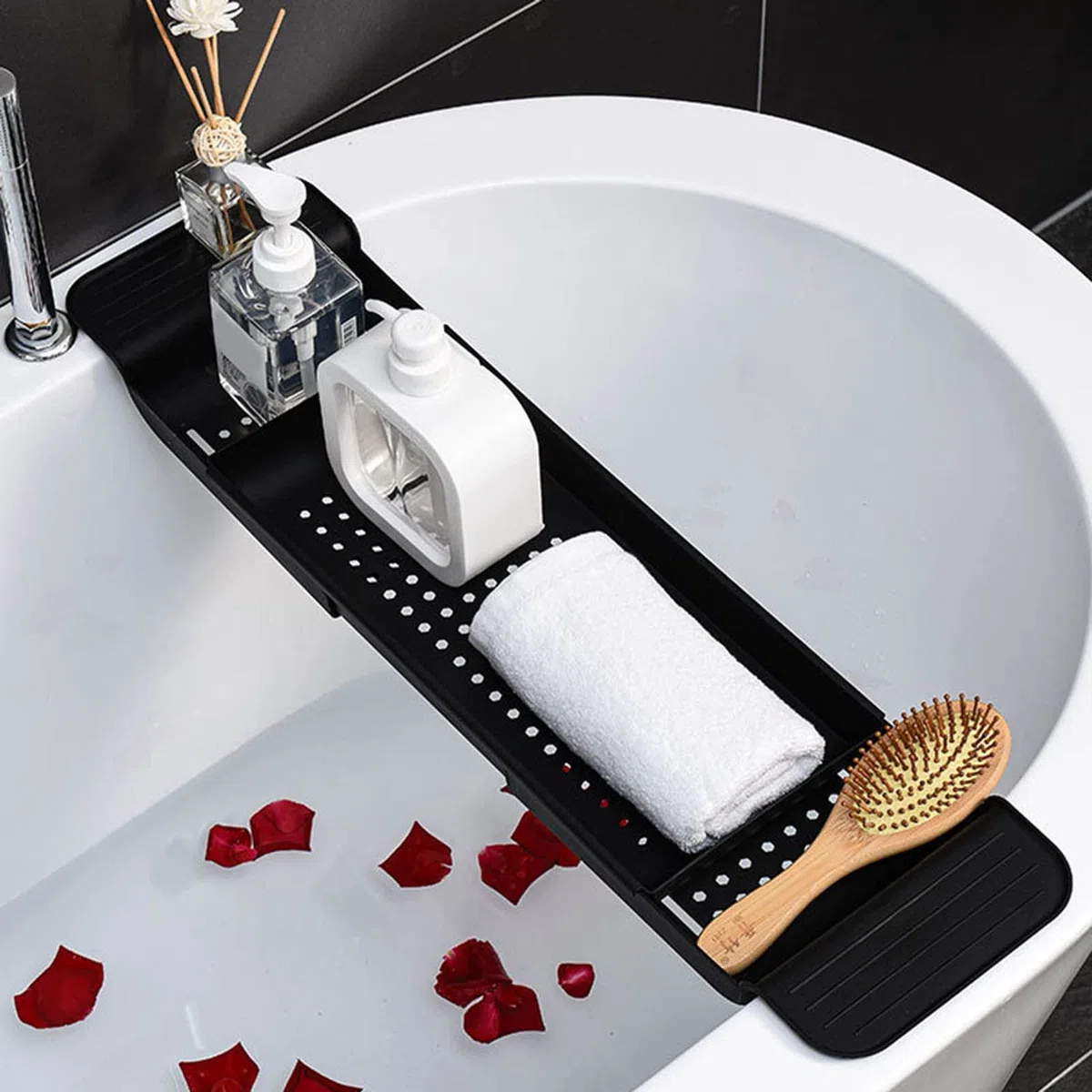 Vassoio per Vasca in Plastica, Design Drenante Retrattile Indossabile e Durevole Porta Vasca da Bagno Piccolo e Compatto Traspirante per Gel Doccia, Asciugamani, Bicchieri, Fiori da Bagno(Nero)
