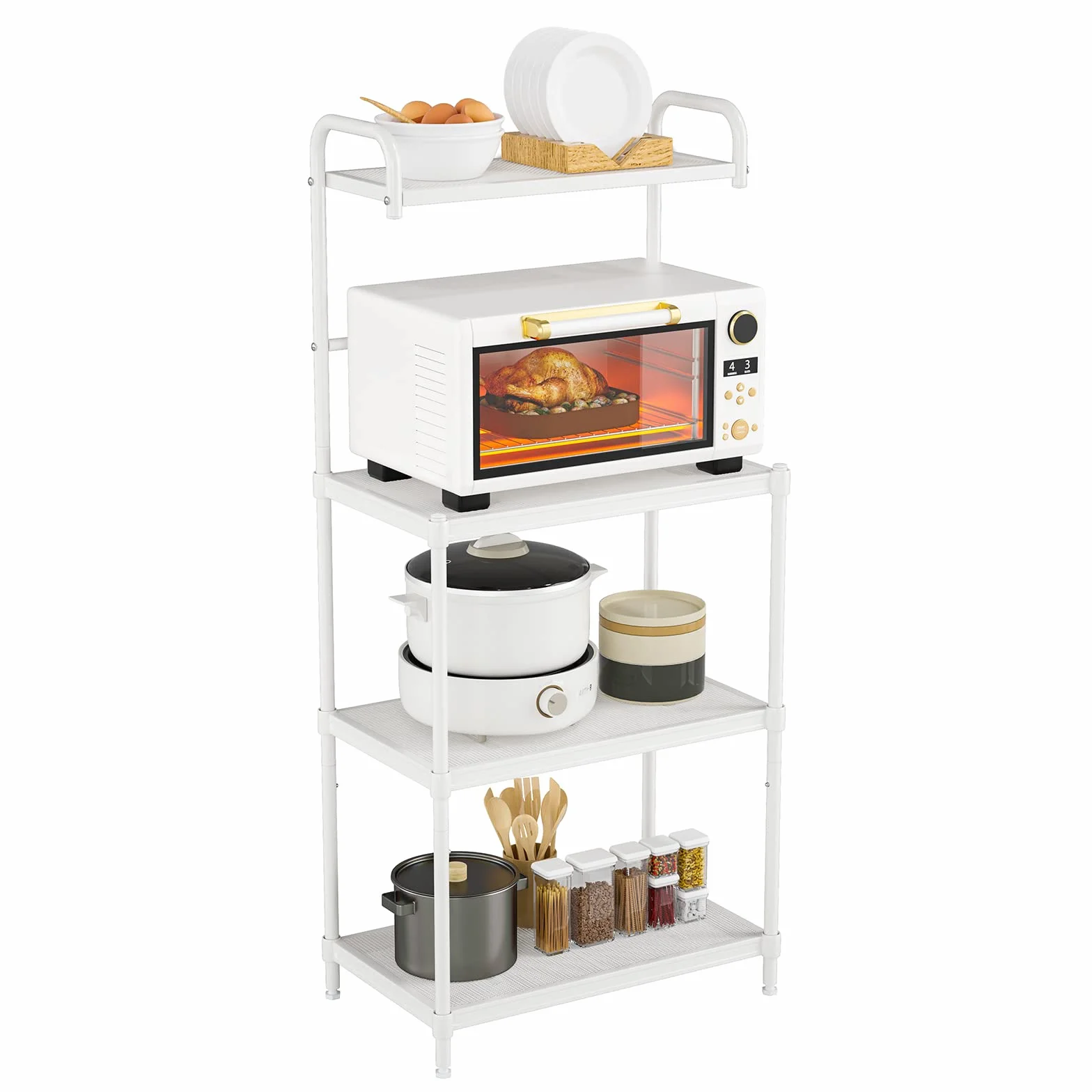 KOMFOTTEU Mensola da Cucina a 4 Livelli in Metallo, con 4 Piedini Antiscivolo, 60 x 34,5 x 136 cm, Supporto per Forno a Microonde, Scaffale Multifunzionale per Cucina e Sala da Pranzo (Bianco)