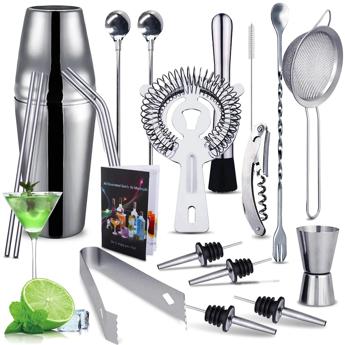 Purpledi Cocktail Shaker Set di 20 Pezzi, Shaker Cocktail Set in Acciao Inox, Kit Barista Professionale, Shaker da 750 ml, Amanti dei Cocktail, Set da Barista per Feste da Bar a Casa (A)
