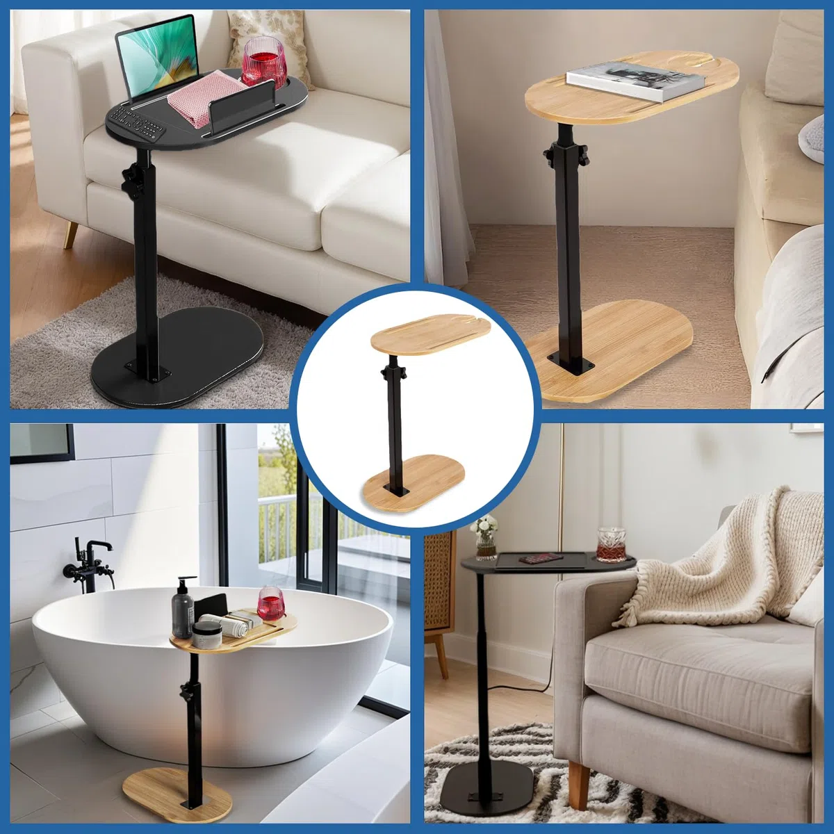 C Form - Tavolino girevole a 360°, regolabile in altezza, 42-82 cm, in legno e metallo, piccolo tavolino da caffè per soggiorno, bagno, letto, divano (amboo)
