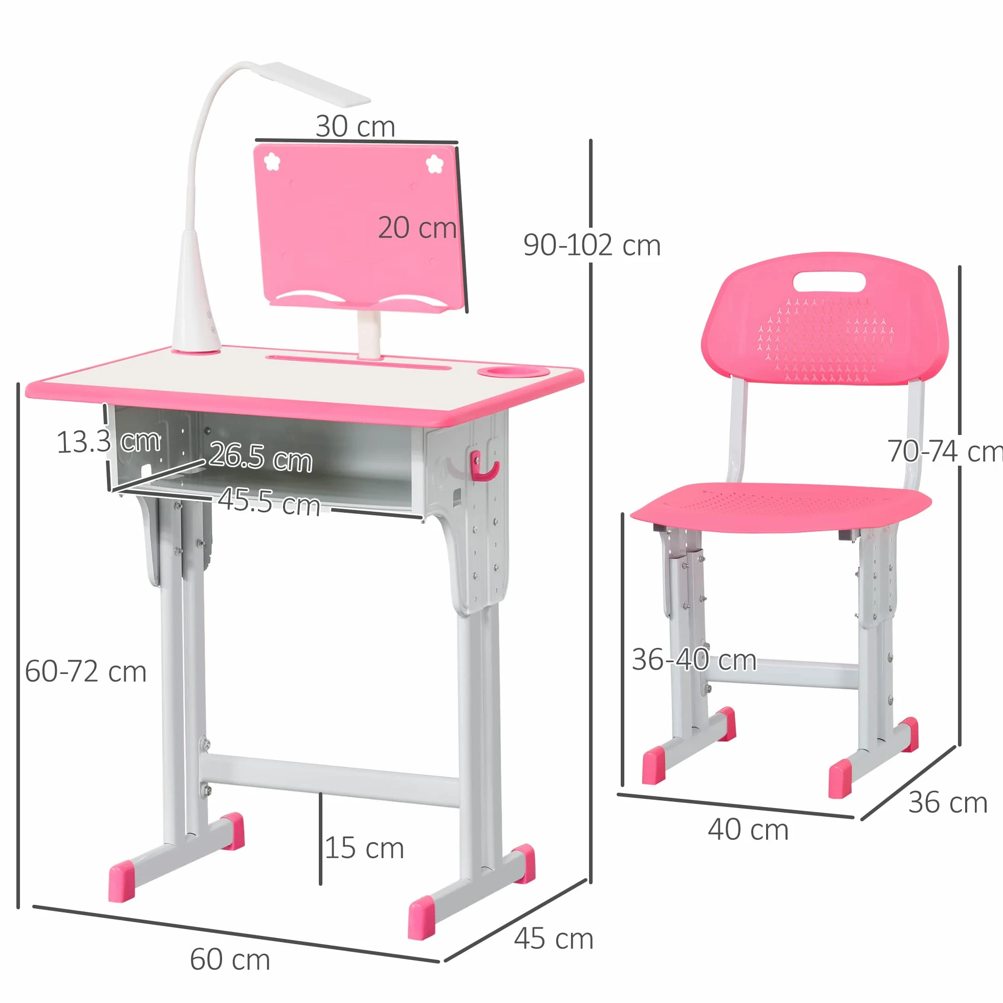 HOMCOM Banchetto per Bambini 6-12 Anni ad Altezza Regolabile con Lampada LED, Leggio e Mensola, Set Banco con Sedia per Bambini in PP, Acciaio e MDF, Rosa