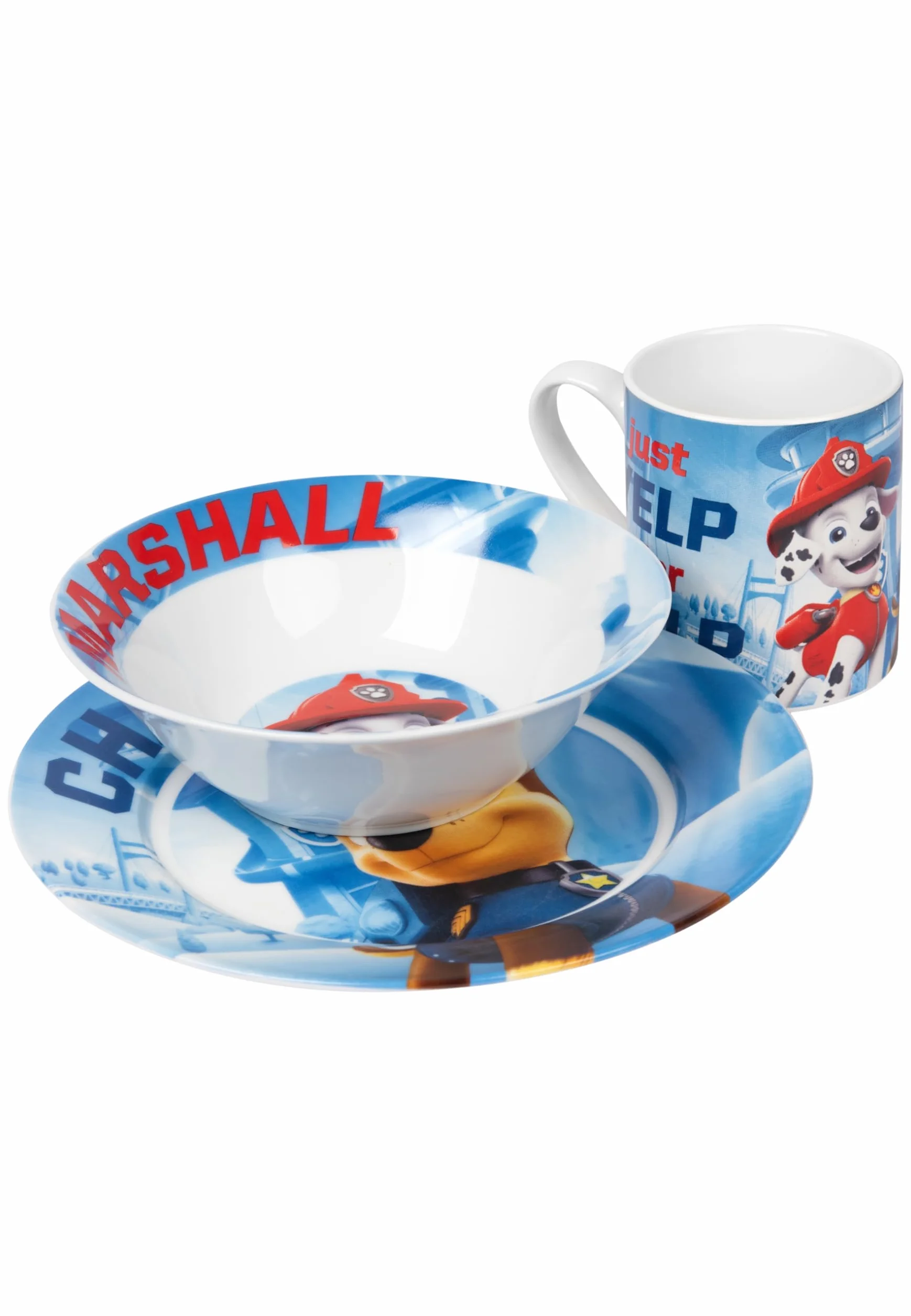 Paw Patrol - Set colazione per bambini, 3 pezzi, piatto in porcellana, ciotola e tazza