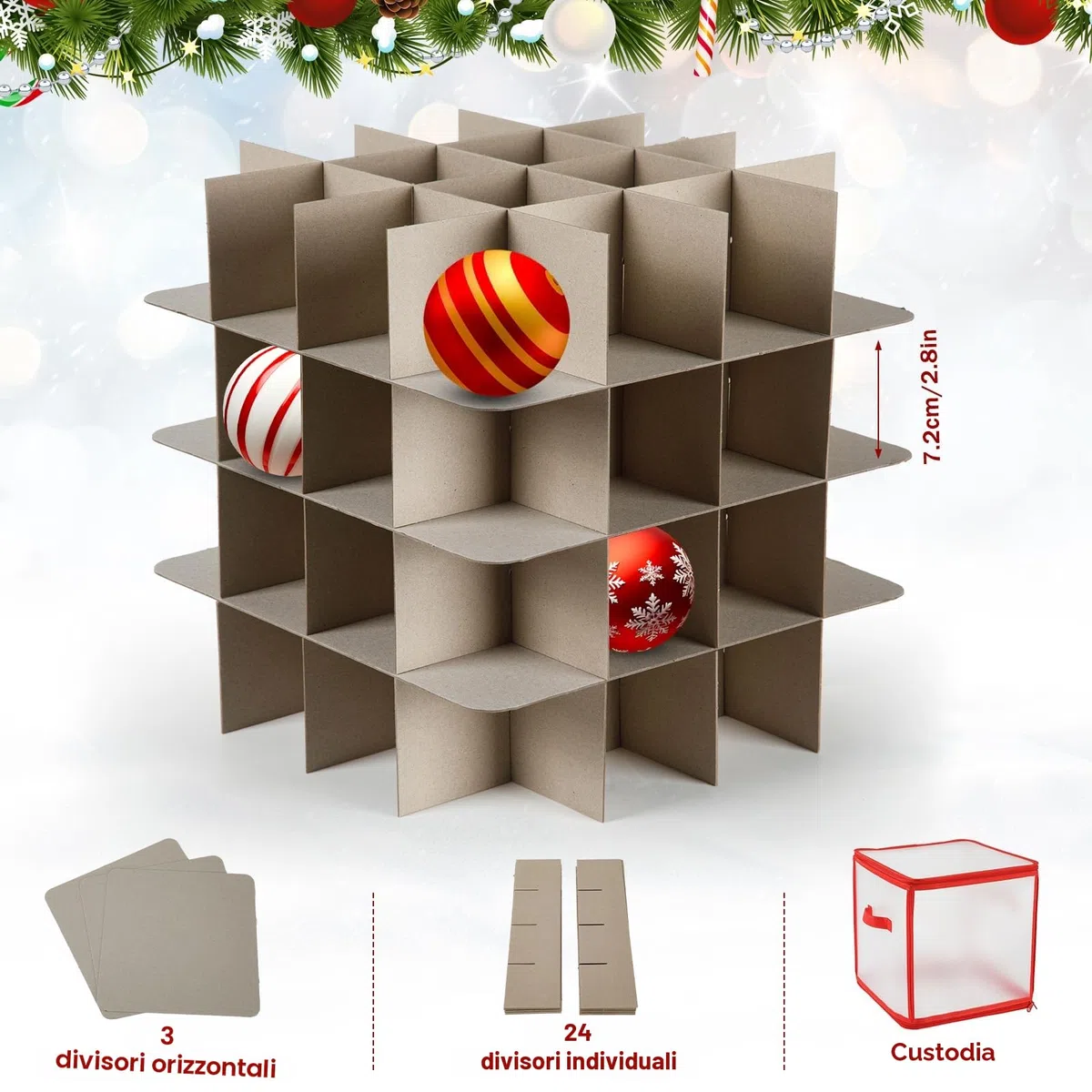 Porta Palline di Natale, Contenitore Addobbi Natalizi, Scatola Portapalline Natale, Organizer per Decorazioni dell'Albero, Scatola Rigida per Elementi Decorativi