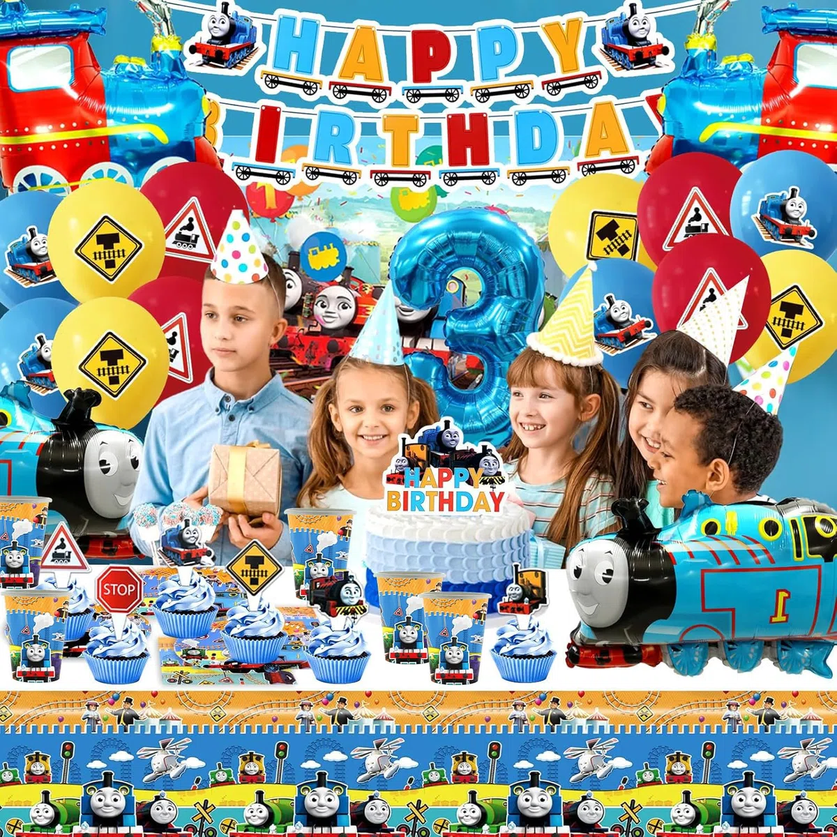 Set di 61 stoviglie Thomas per feste di compleanno per bambini, compresi piatti di carta, bicchieri, tovaglioli e tovaglie, adatte per 20 compleanni per bambini