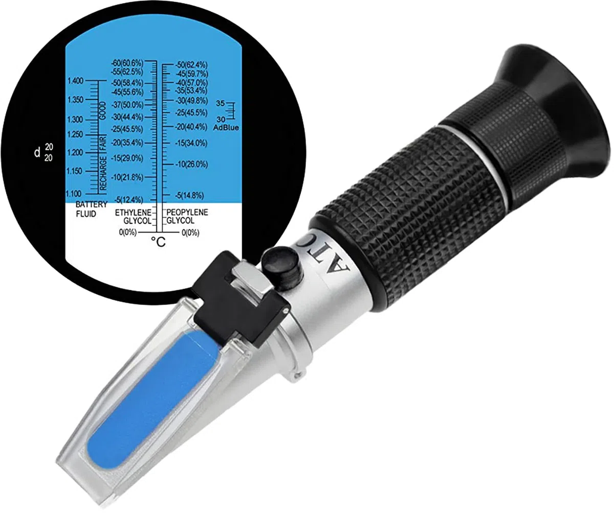 HHTEC Rifrattometro Antigelo 3 in 1 – Glicole Etilenico, Propilenico, Batteria e AdBlue – Misuratore Punto di Congelamento – ATC – Uso Auto e Industriale