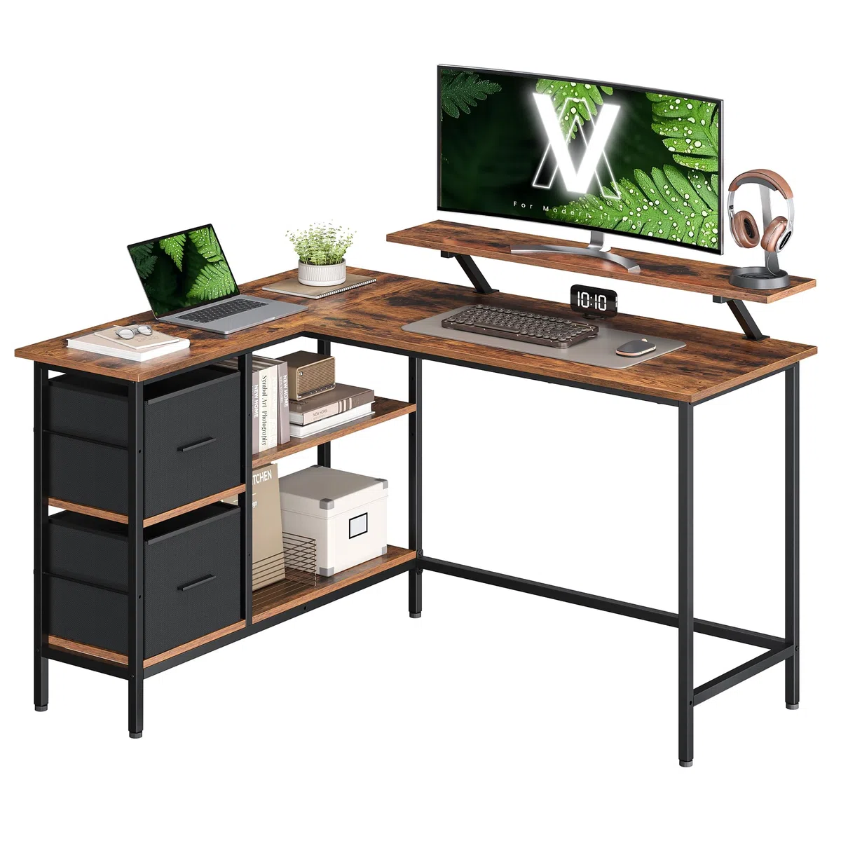 VASAGLE Scrivania per Computer a L, Scrivania ad Angolo con 2 Cassetti Spaziosi e Supporto per Monitor, Ripiano Regolabile, per Ufficio Studio, Marrone Vintage LWD098B01