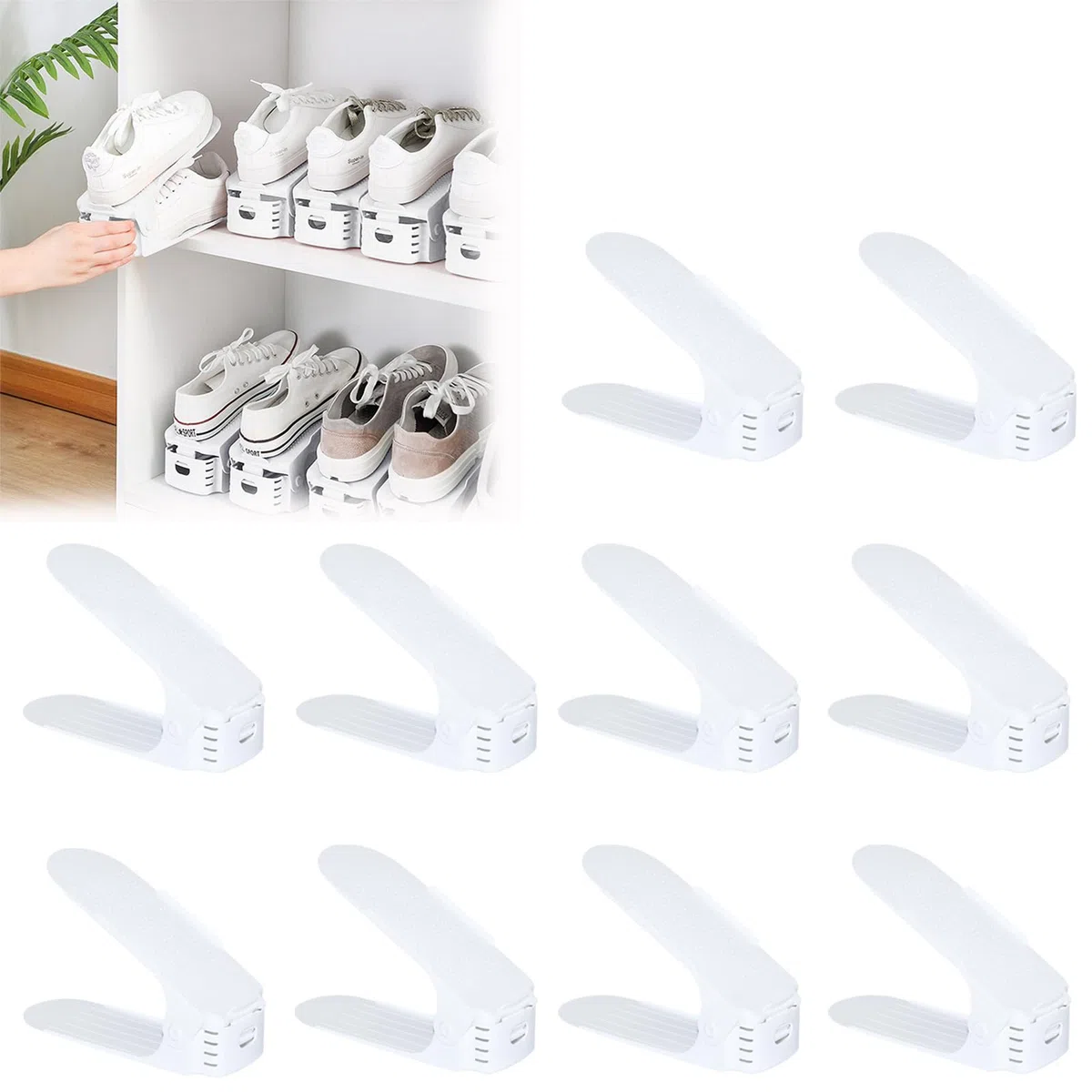 10 portascarpe regolabili in PP, colore bianco, salvaspazio, a doppio strato, antiscivolo, 10 pezzi, colore: bianco