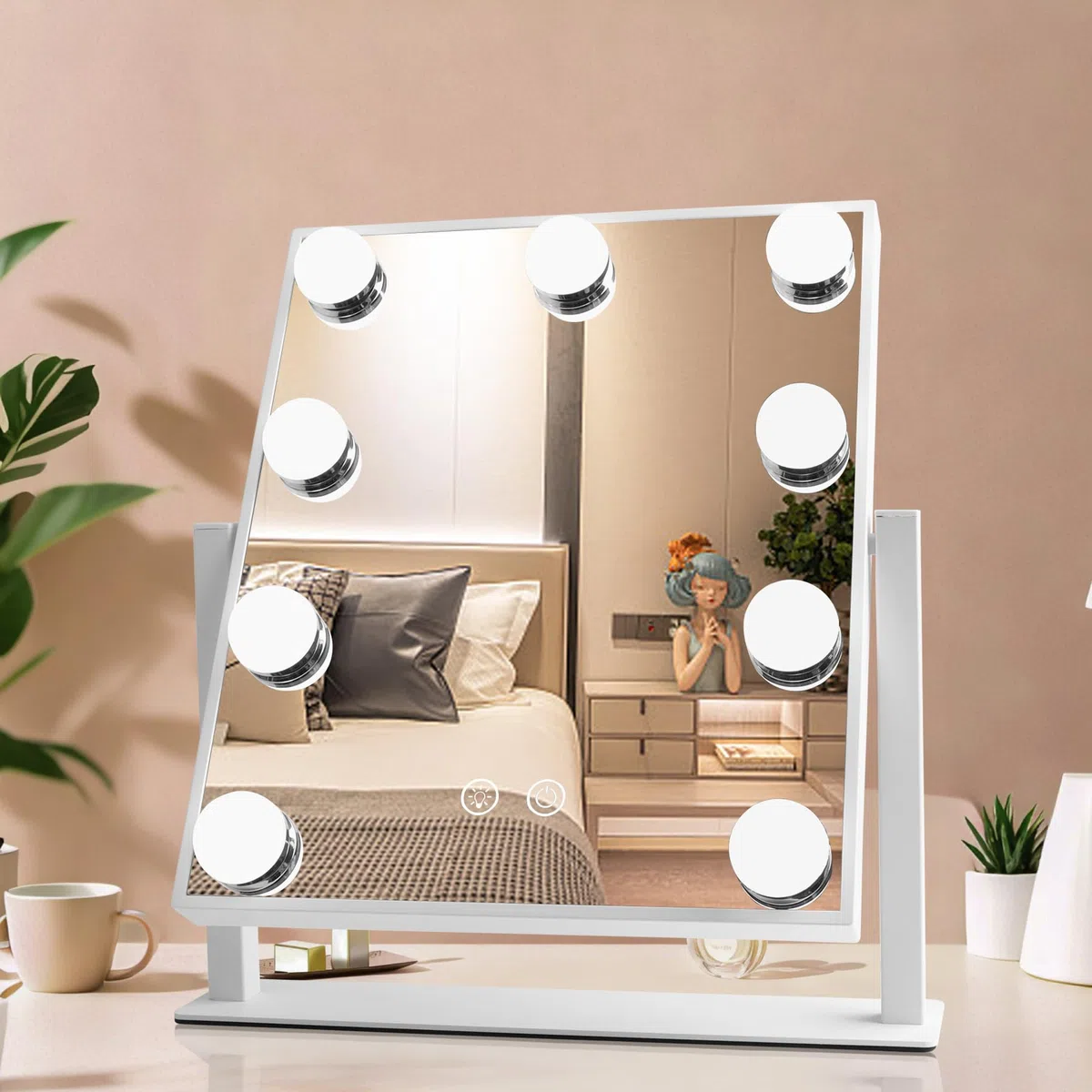 sylvwin Hollywood Specchio per il Trucco con 9 Luci LED - Ruotabile a 360°,3 Temperature di Colore Regolabili (3000K/4000K/6000K) Specchio Tavolo,Controllo Touch,Dimmerabile,Specchio di Vanità Plug-in