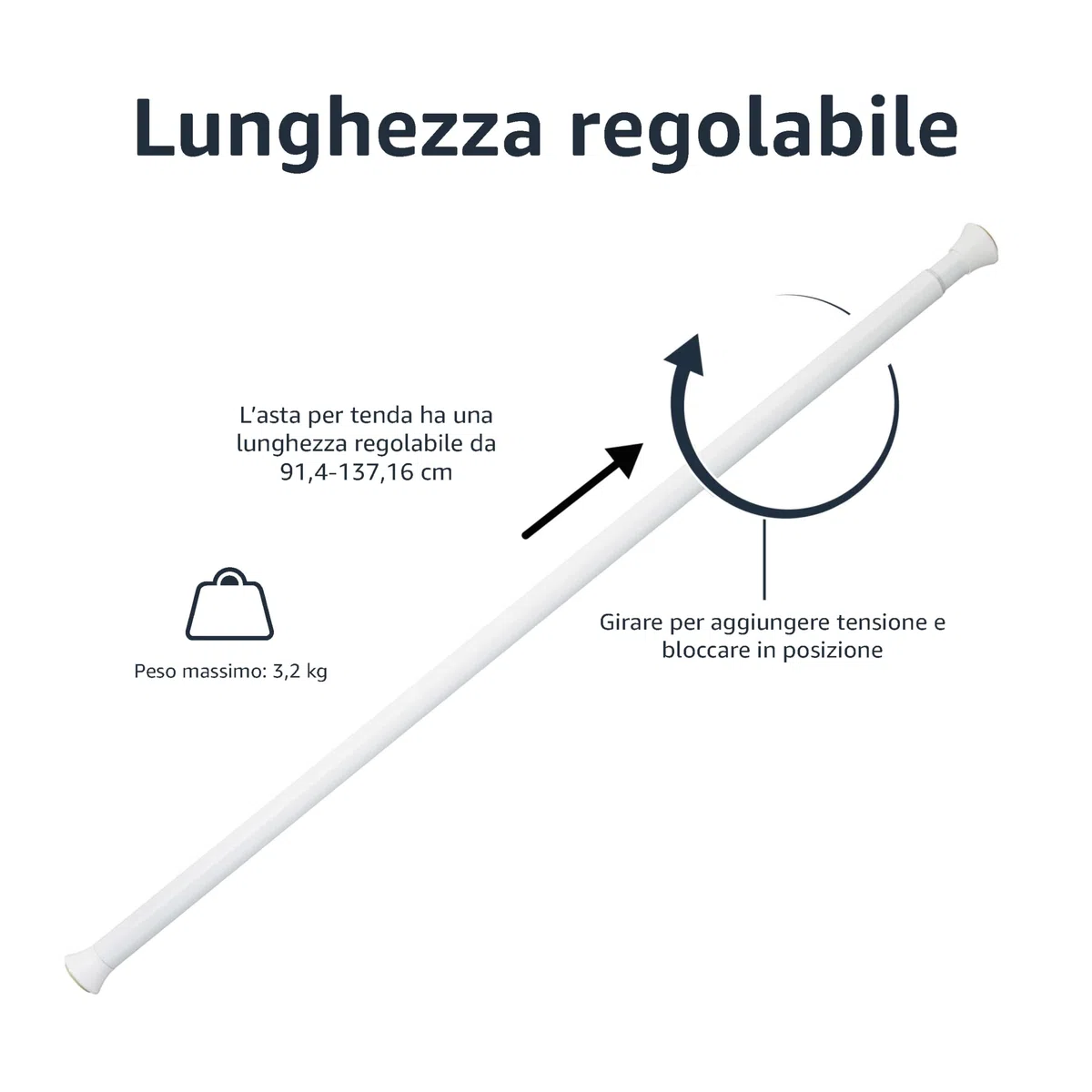 Amazon Basics Bastone regolabile per tenda da doccia, da 91 a 137 cm, bianco