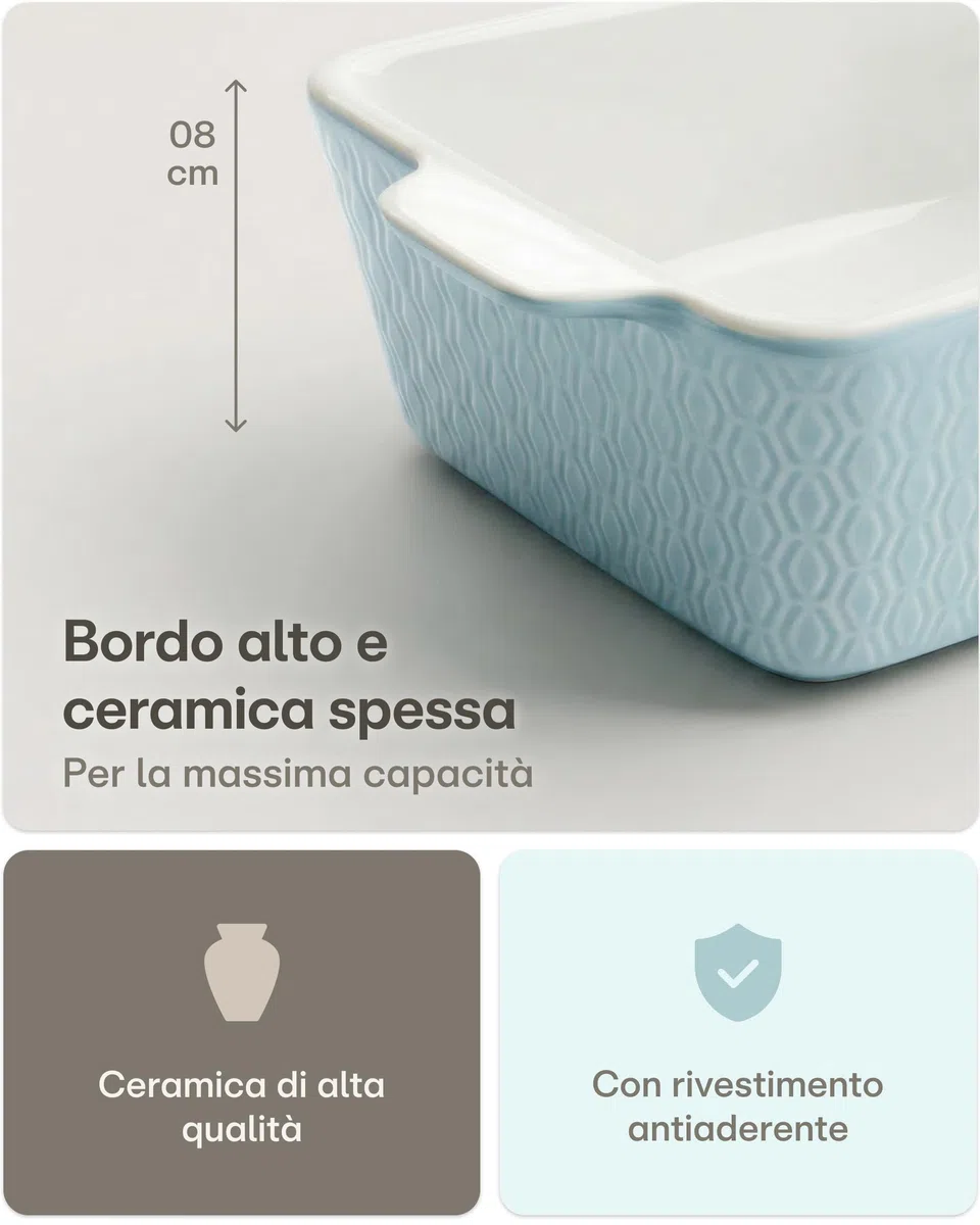 Praknu Pirofila in Ceramica Piccola - Antiaderente e Antigraffio - Pirofila da Forno in Ceramica con Bordo Alto - Pirofile da Forno Rettangolare (Blu)
