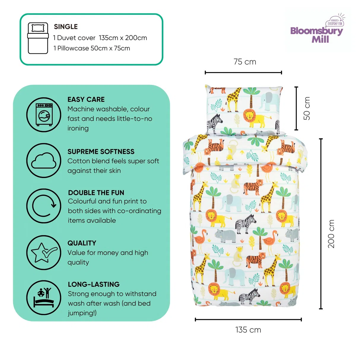 Bloomsbury Mill - Set Copripiumino Singolo Animali del Safari e Giungla - Lenzuola Letto Singolo Reversibile Per Ragazzi e Ragazee - Set di biancheria da letto per bambini - 135 x 200 cm e Federe