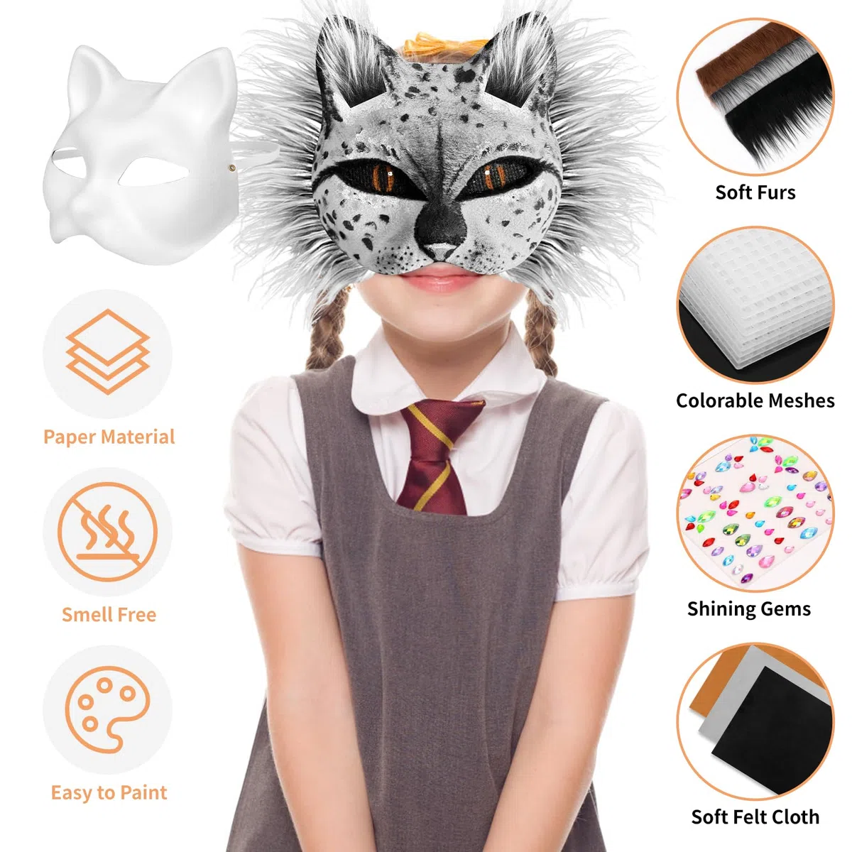Dreamtop Therian Maschera Gatto Kit con Therian Maschere, Finta Pelliccia e Rete per Gli Occhi e Foglio di Feltro Autoadesivo, Pennelli e Colori per DIY Cosplay Feste Maschera Carnevale Halloween
