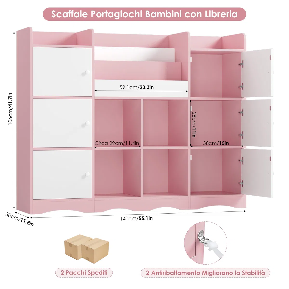 FOREHILL Organizer Giocattoli, Porta Giochi Bambini a 6 Scomparti con Ante, Mobile Porta Giochi a 4 Vani Portaoggetti Aperti, con Portariviste, per Cameretta e Sala Giochi, 140x30x106 cm (Rosa)