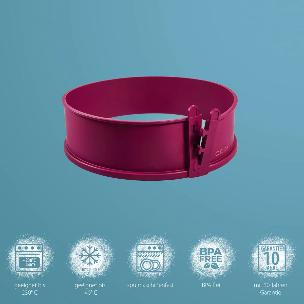 coox Teglia apribile con fondo in vetro Ø 26 cm in rosso scuro, cuocere e tagliare direttamente sulla lastra di vetro, non è necessario spostare