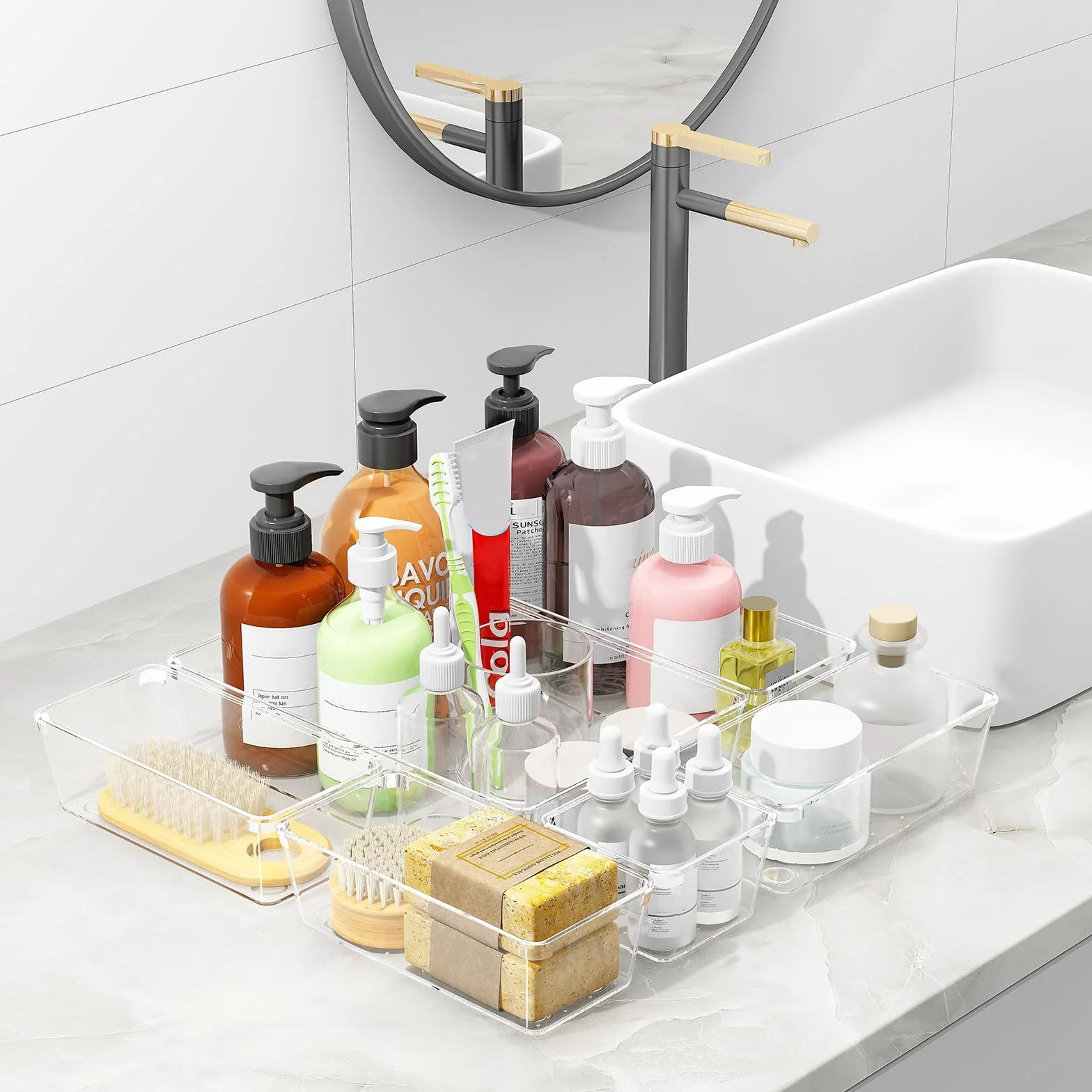 Radikor Organizer Cassetti 25 Pezzi, Organizer Trucchi Cassetti in Plastica Trasparente, Contenitori Cassetto Impilabili di 4 Dimensioni per Bagno, Cucina, Trucchi, Scrivania