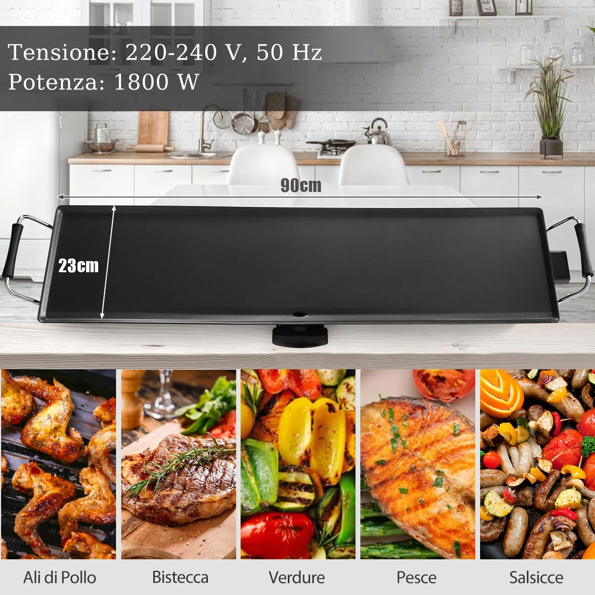 SOARS Piastra Elettrica 1800W, Barbecue Elettrico 5 Livelli di Temperatura, con Rivestimento Antiaderente, 6 Piccolo Supporto per Padella, per Cucinare, Grigliare (Piastra Liscia 90 X 23 CM)