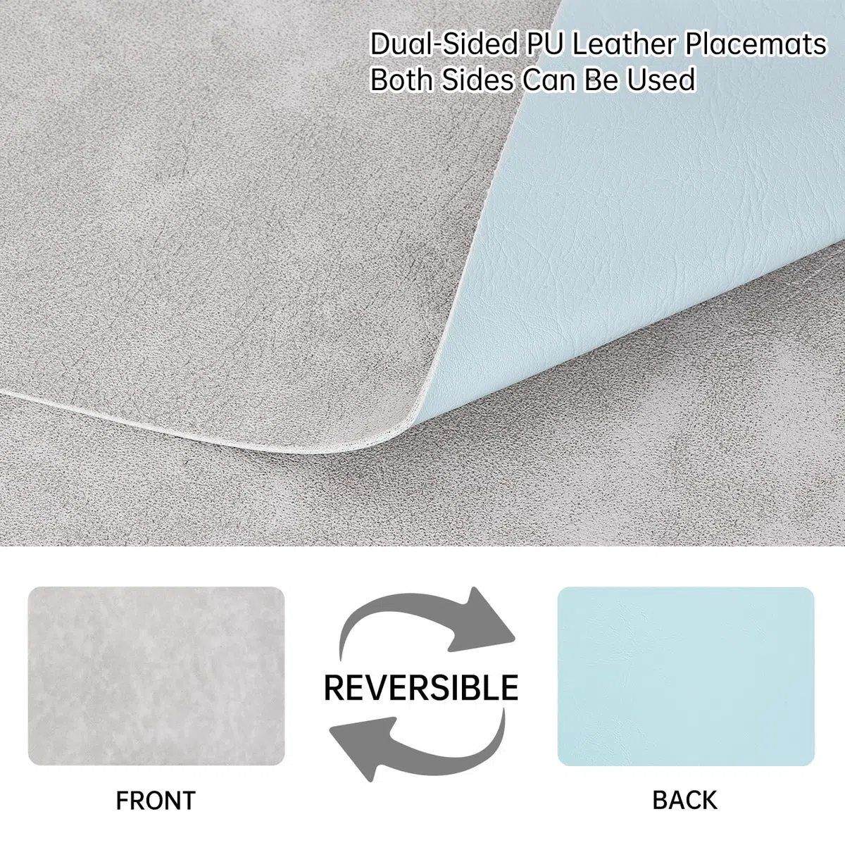 Set da tavolo lavabile, 4 tovagliette e sottobicchieri, set da tavolo in pelle double face, resistente al calore, antiscivolo, tovagliette in plastica (grigio chiaro blu chiaro)