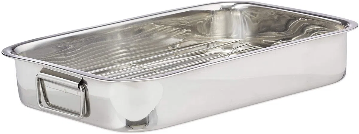 MGE - Teglia Rettangolare con Griglia - Teglia Lasagna - Rostiera in Acciaio Inox - Stampo per Forno - Vassoio da Forno - Maniglie Pieghevoli - 30 cm