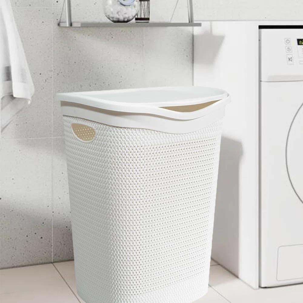 Virsus Cesto Portabiancheria in Plastica Effetto Rattan, 39,5x37x54 cm, cesta rettangolare con coperchio, struttura Intrecciata per biancheria sporca in bagno, lavanderia, Hotel -4037F-1,8 (Bianco)
