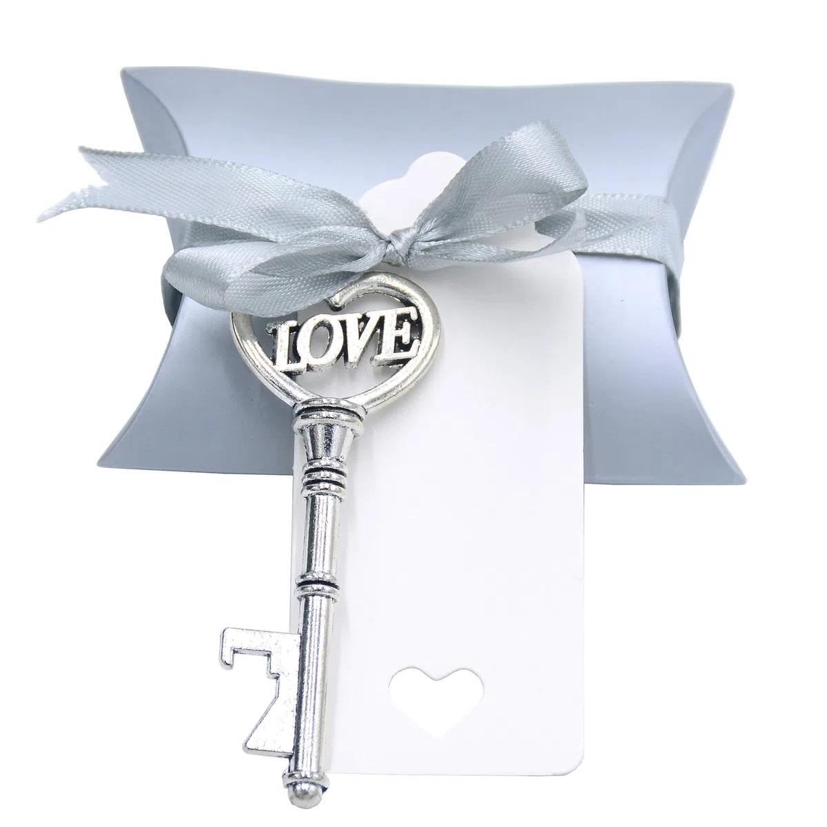 Makhry 50 Pezzi a Forma di Cuore con Love Apribottiglie Chiave Vintage Bomboniera Set Regalo Souvenir con Etichetta Grazie e Nastro di Seta (Antico Argento)
