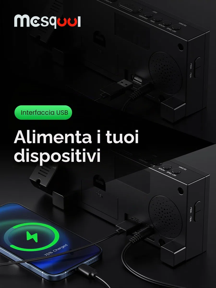 Sveglia di proiezione, display digitale da 7 pollici, doppio allarme, porta USB, volume di allarme regolabile, snooze, 12/24, backup batteria per camera da letto, soffitto, parete, casa, bambini,