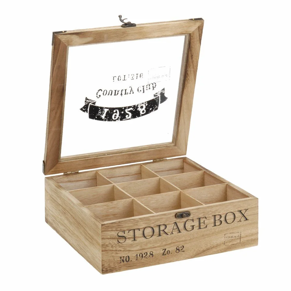 ToCi Scatola da tè in legno naturale con 9 scomparti – Scatola rettangolare con finestra in stile vintage – Contenitore per tè per bustine di tè, spezie e piccole parti | 24 x 24 x 8,5 cm