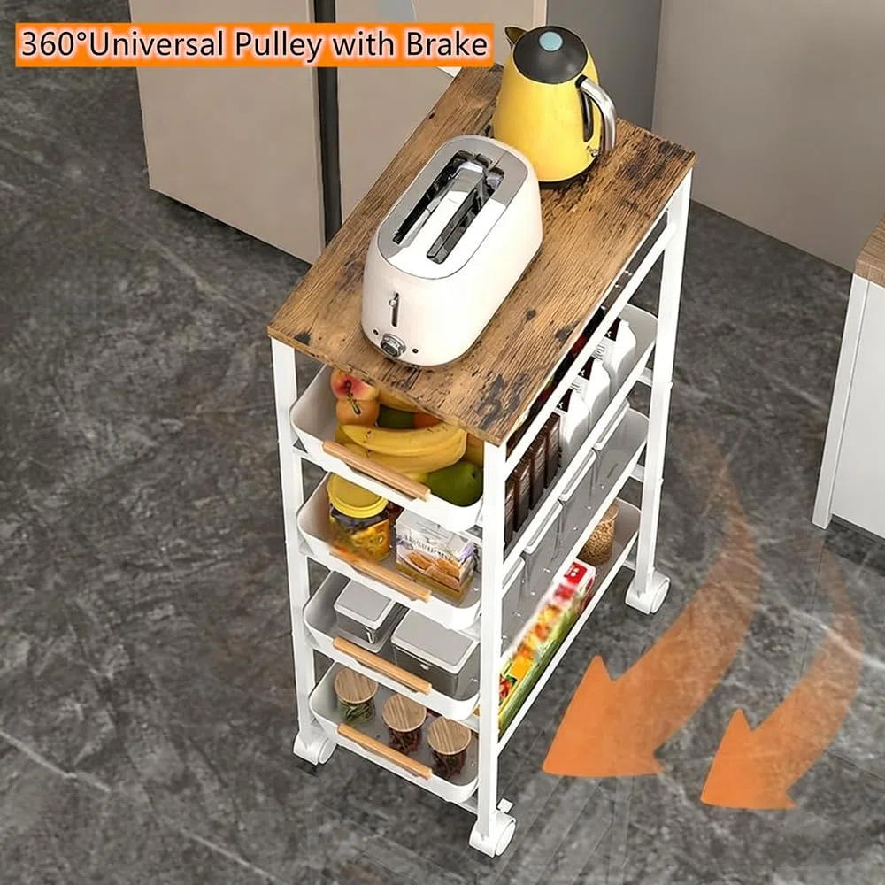 Carrello multiuso a 5 ripiani con piano e cassetti in legno, struttura in metallo con ruote, per cucina, bagno, soggiorno, ufficio