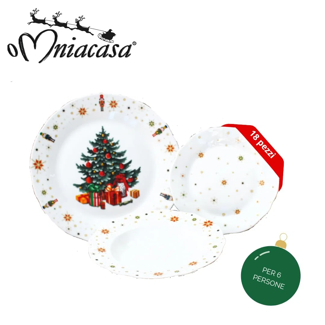 Servizio Piatti di Natale in Porcellana Resistente per 6 Persone: 18 Pezzi, Decorazioni con Albero di Natale Schiaccianoci e Stelle, Rosso e Bianco, Adatto: Lavastoviglie e Microonde.