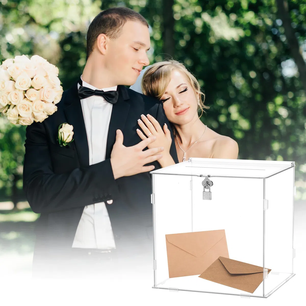 QWORK® Acrilico Scatola di Carta di Nozze con Serratura - 25,5 x 21 x 25 cm - Salvadanaio Trasparente per Eventi Speciali