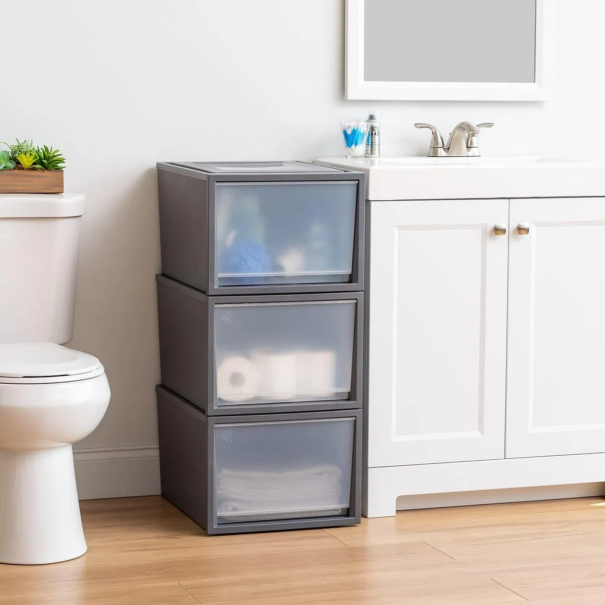 Iris Ohyama, Cassetti in plastica impilabili per vestiti, maglioni, 40L, set di 3, grandi, grigio scuro, cassetto facile da aprire, per armadio, camera da letto, senza BPA, organizzatore, BC-NS-500D