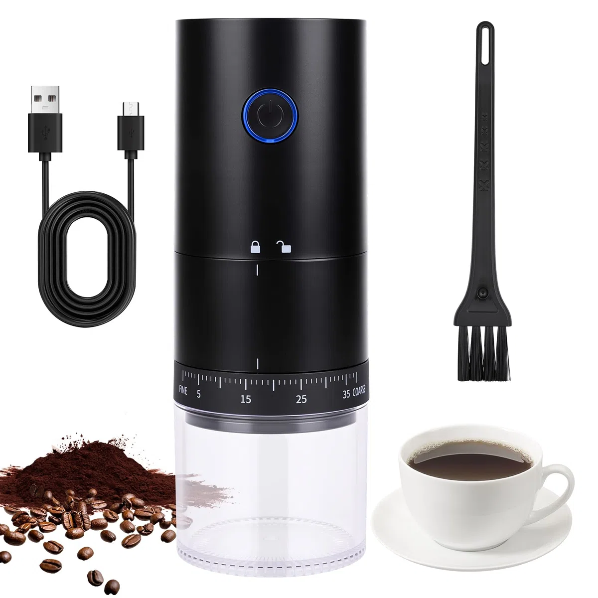Macinacaffè Elettrico, Coffee Grinder Portatile con 38 Impostazioni Regolabili, Macina Caffè Granulometria Regolabile per semi e spezie, Adatto per Casa, Ufficio, Viaggi e Campeggio (Nero)
