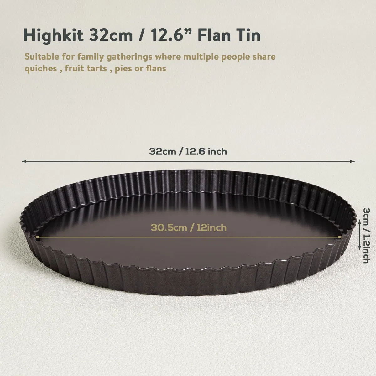 Teglia Rotonda per Torte con Fondo Scanalato, 32 cm, per Quiche con Base Allentata, Antiaderente, per Crostate di Cottura, Quiche, Tortiera, Quiche, Acciaio al Carbonio, Grigio Scuro