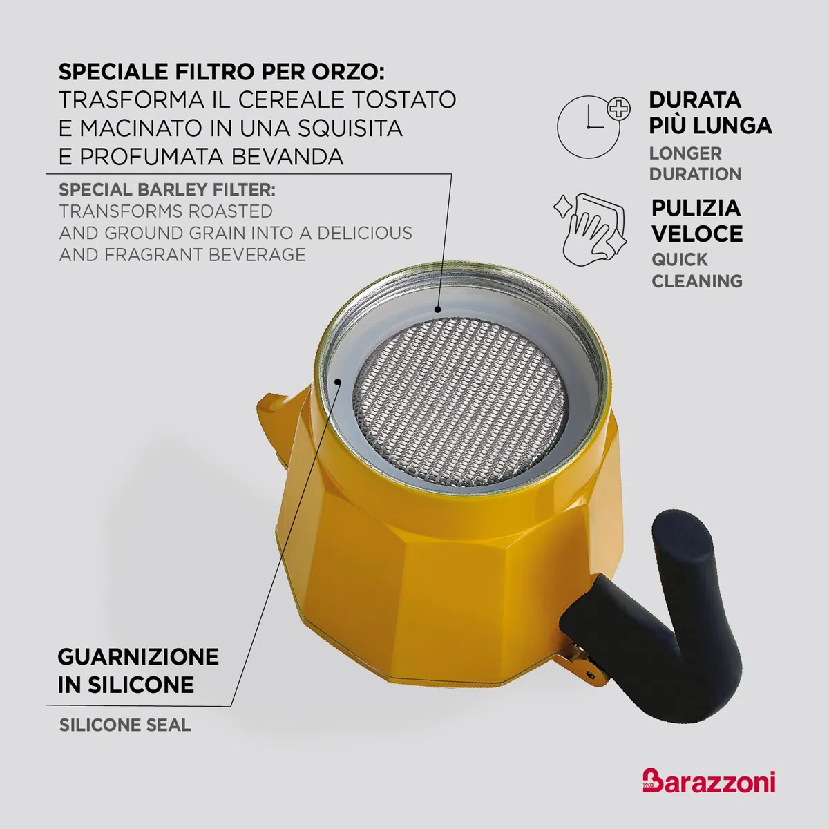 Orziera 2 Tazze, Caldaia bimetallo: acciaio esterno+ alluminio interno per un ottimo caffè d'orzo, Certificata AICAF Accademia Italiana Maestri del Caffè, Gas