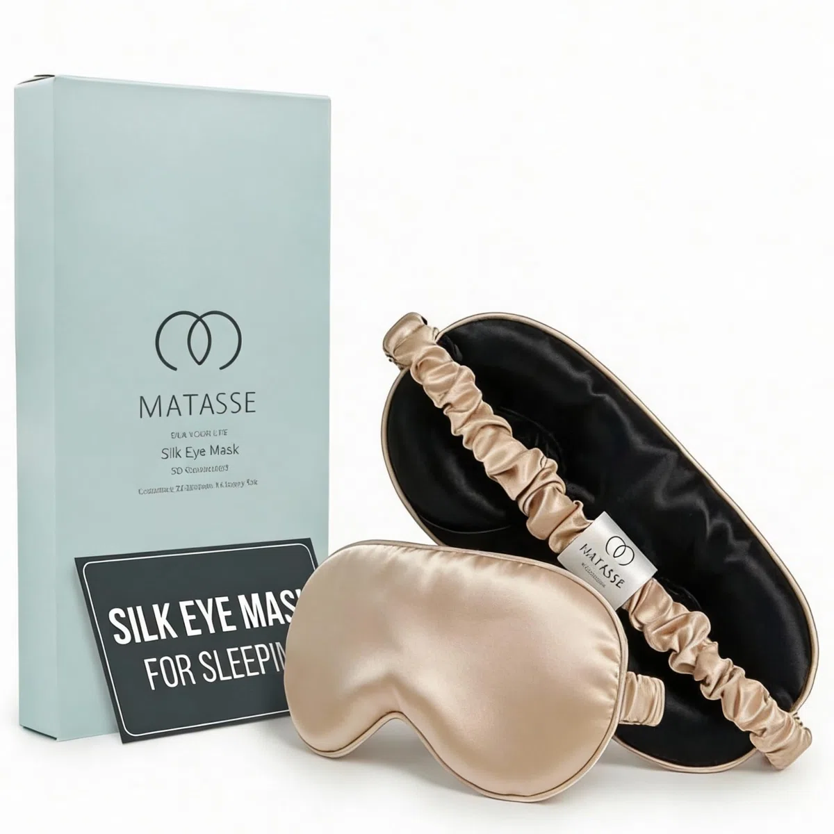 MATASSE Maschera per dormire in seta di gelso 100% 22 Momme Grado 6A - Maschera per gli occhi 3D sagomata per dormire, copriocchi profondi 14 mm, benda oscurante totale (Champagne/Nero)