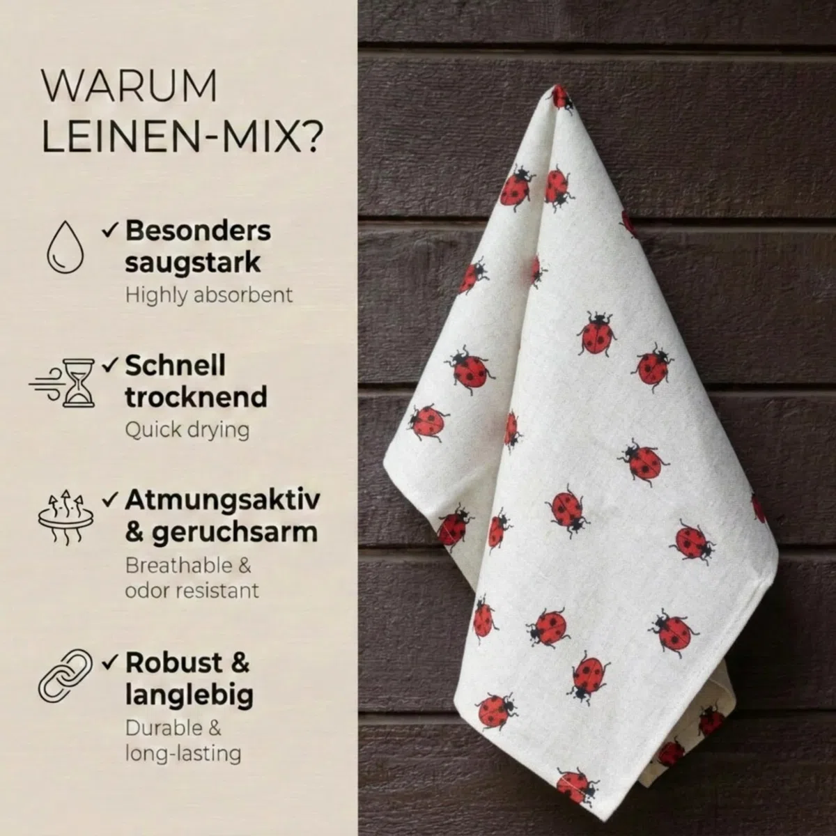 Confezione da 2 pezzi: Strofinacci da cucina di lusso in lino/cotone, asciugamani da cucina, 47 x 70 cm, misto lino, stonewashed jacquard o stampati (coccinelle)