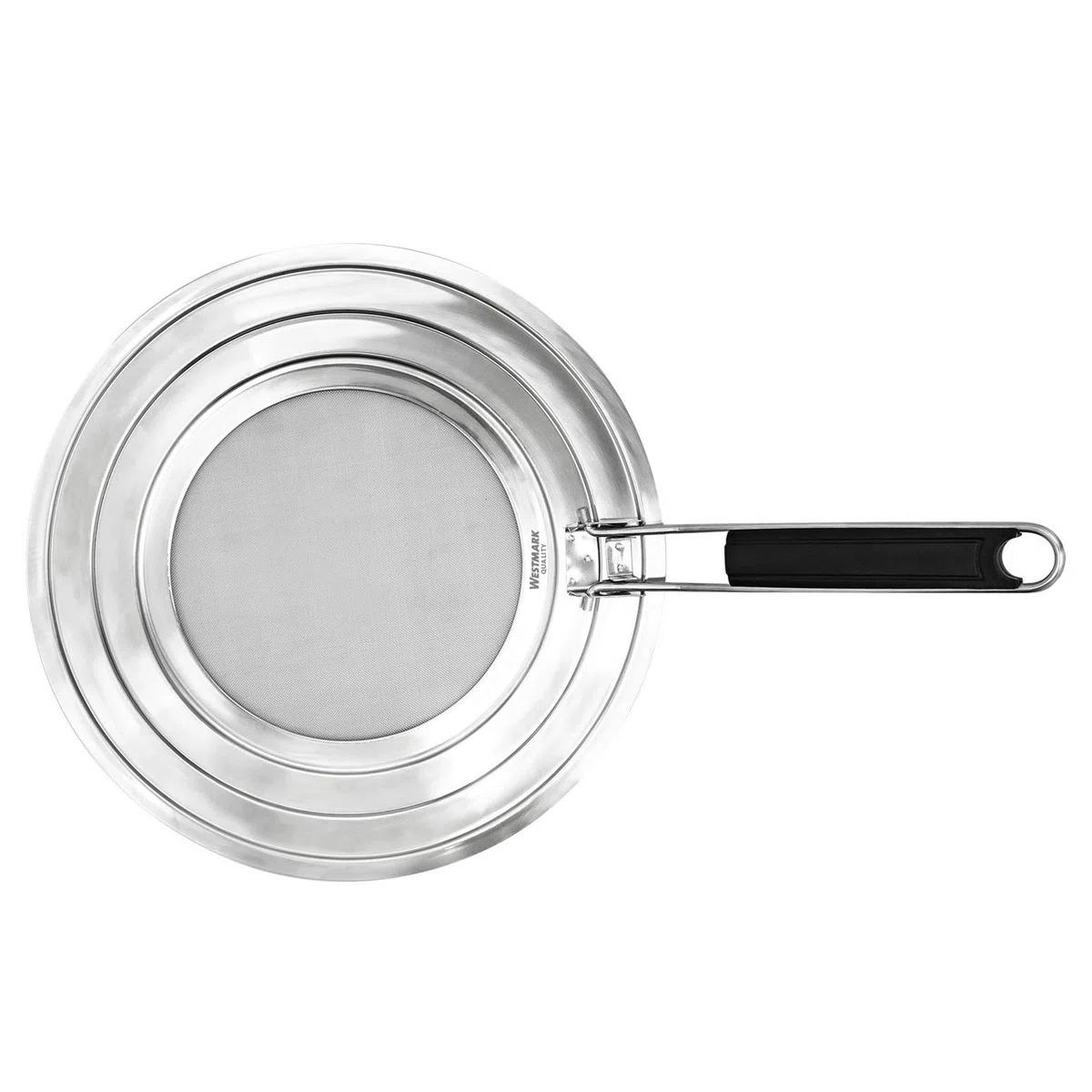 Westmark Coperchio Paraspruzzi, Per Pentole e Padelle con Diametro di 20, 24 e 28 cm, Manico con Isolamento Termico, Acciaio Inox, Exclusiv, Argento/Nero, 12192270