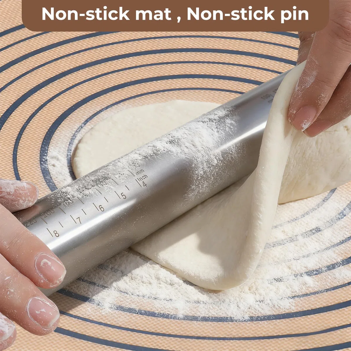 SUPER KITCHEN Mattarello in Acciaio Inox Con 5 Dischi Regolabili Anello, Stuoia di Rolling della Pasticceria del Silicone 50x40cm Antiaderente Tappetino da Forno spianatoia per impastare (Grigio)