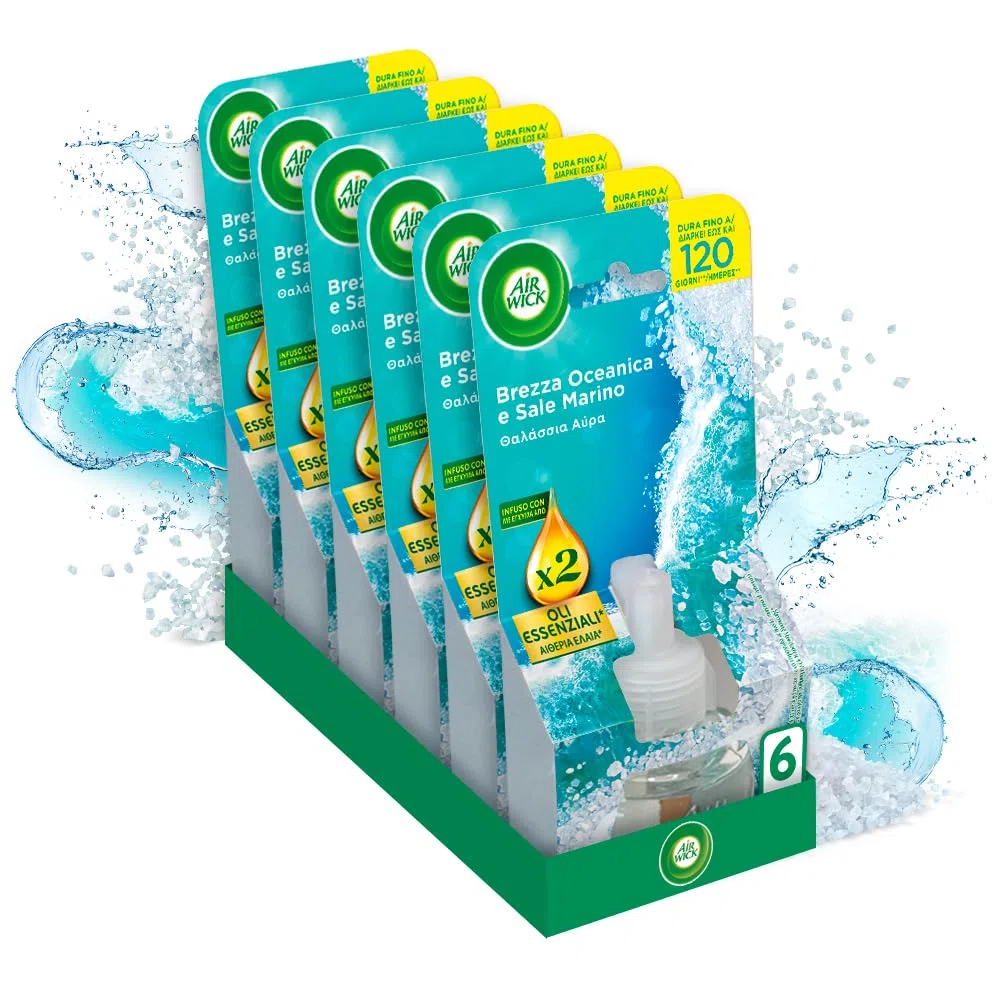 Air Wick Diffusore Elettrico di Oli Essenziali, 6 Ricariche per Diffusore Elettrico alla Brezza Oceanica e Sale Marino, Profumatore per Ambienti Elettrico con Oli Essenziali