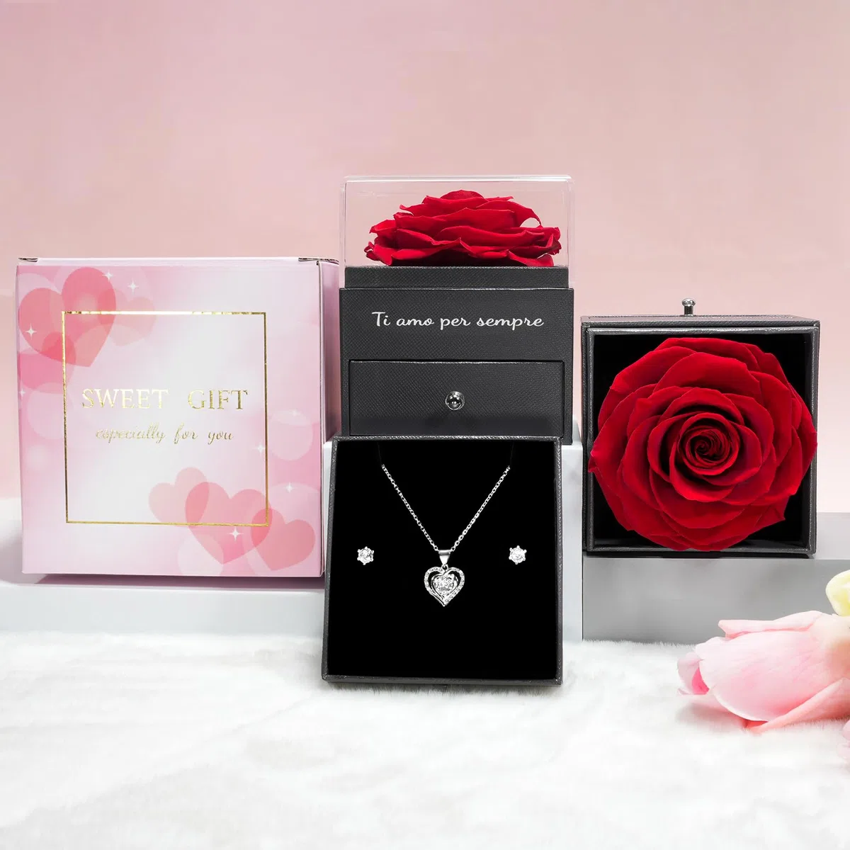 Sunia Festa della Mamma Idee Regalo, Vera Rosa Eterna con Collana Argento 925 Donna con e Orecchini, Rosa Stabilizzata Vera, Regalo Mamma Donna Compleanno, Regalo Festa della Mamma