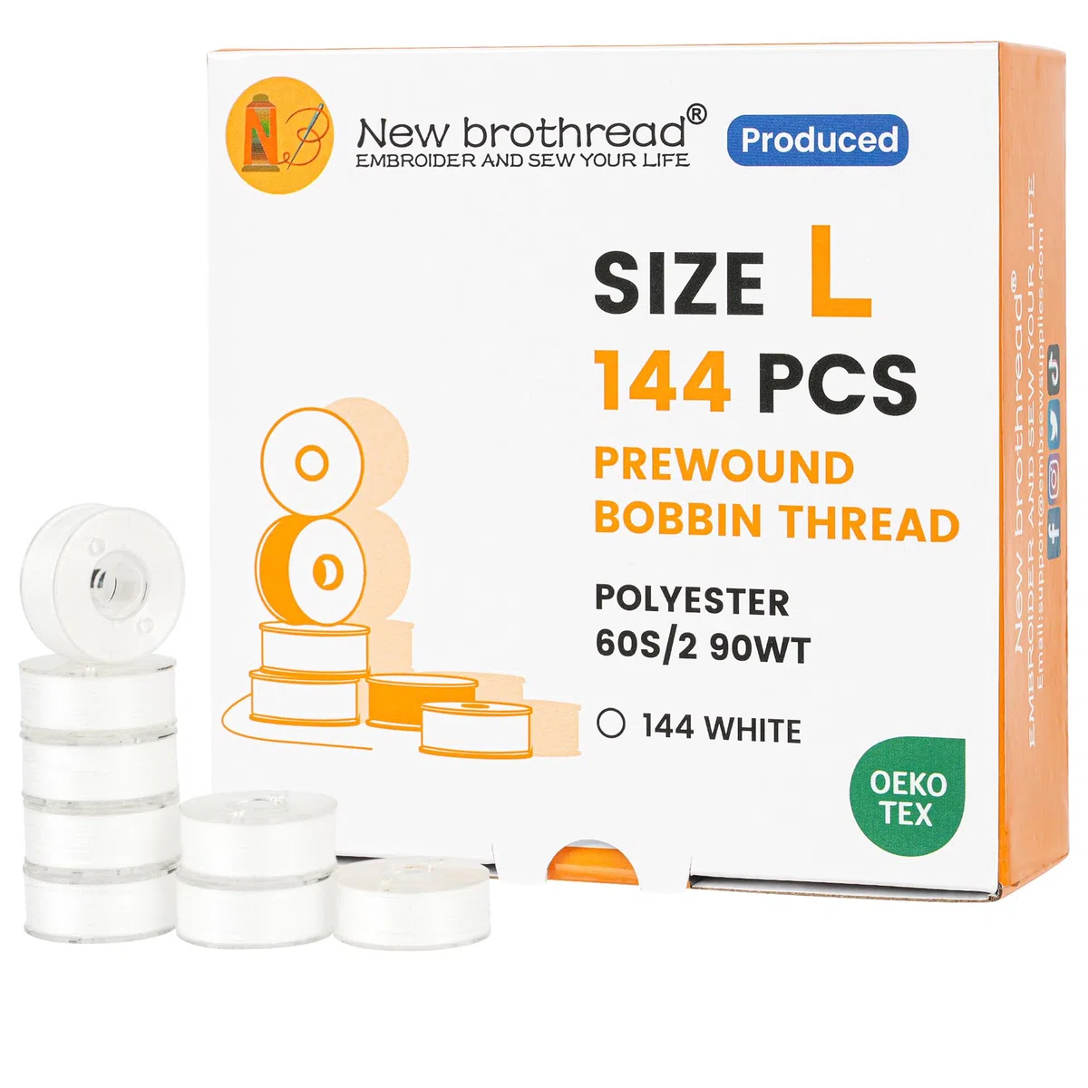 New brothread 144pcs Tipo L Taglia (SA155) Bianca filato per spolette prebobinate Lato in plastica per macchine da ricamo e da cucire particolari - 90wt