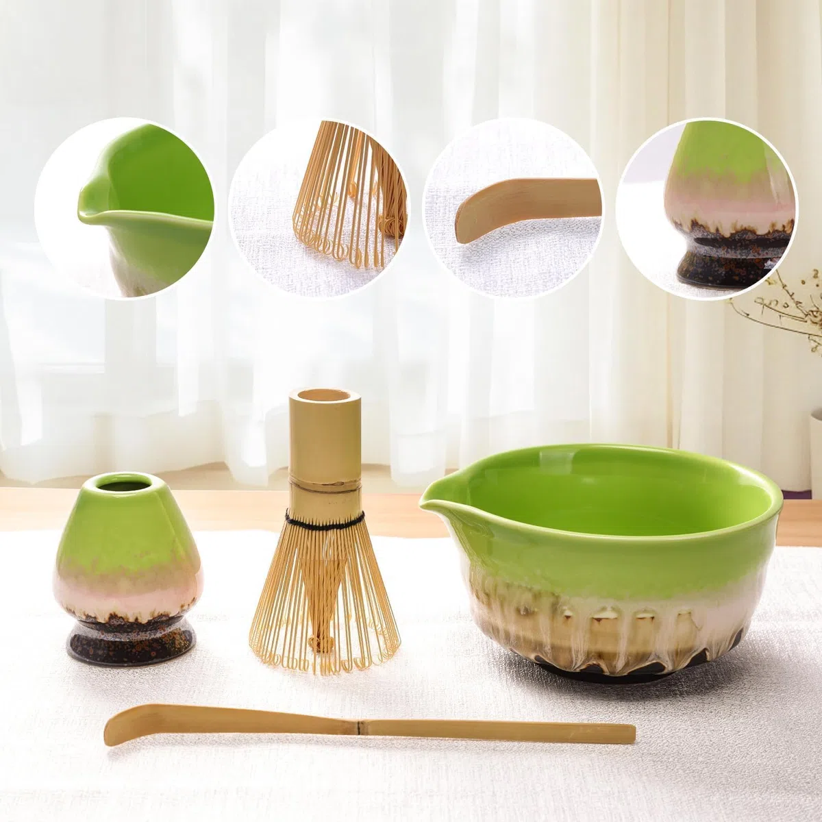 Premium Matcha Set di 4 pezzi Chase in bambù, cucchiaino, supporto in ceramica, ciotola per beccuccio, accessorio perfetto per cerimonia del tè giapponese, regalo per gli amanti del matcha