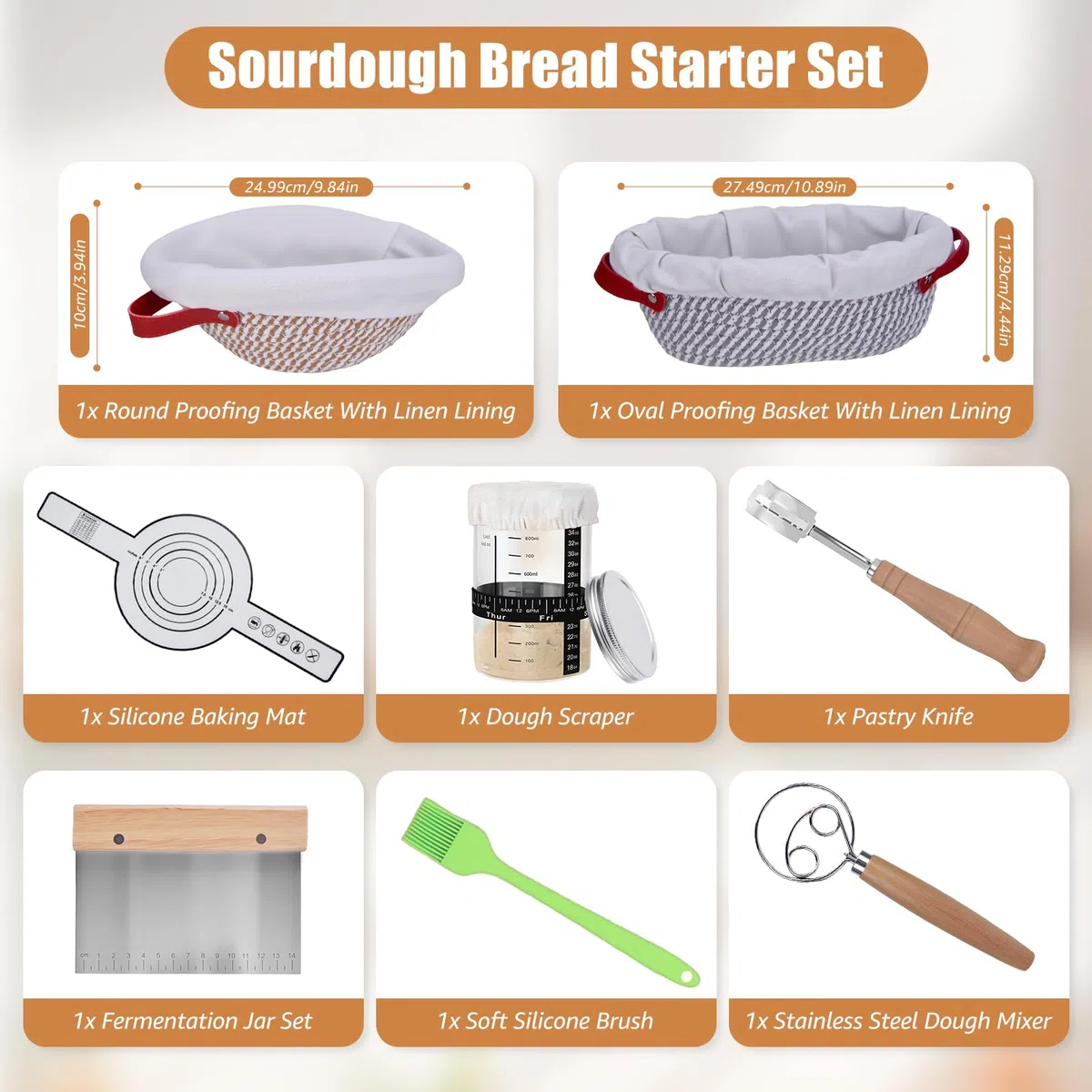 Cestino Lievitazione Pane 11 Pezzi Set, Cestino per Lievitazione Rotondi e Ovali, Frusta per Impasto, Lame per Pane, Raschietto per Impasto, Accessori per Panificazionea, Ideale per e Pasta Madre