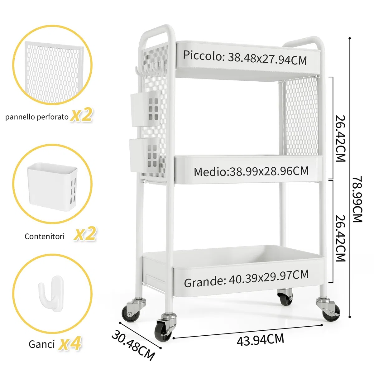 Urackify Carrello portaoggetti per varie applicazioni, carrello in metallo a 3 livelli con pannelli forati fai da te, cesti e ganci per riporre extra in cucina, bagno, ufficio, aula e altro ancora,